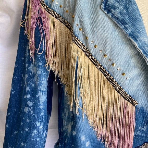 Upcycled Cropped Fringed Jean jacket ~stunner!! - Picture 2 of 6